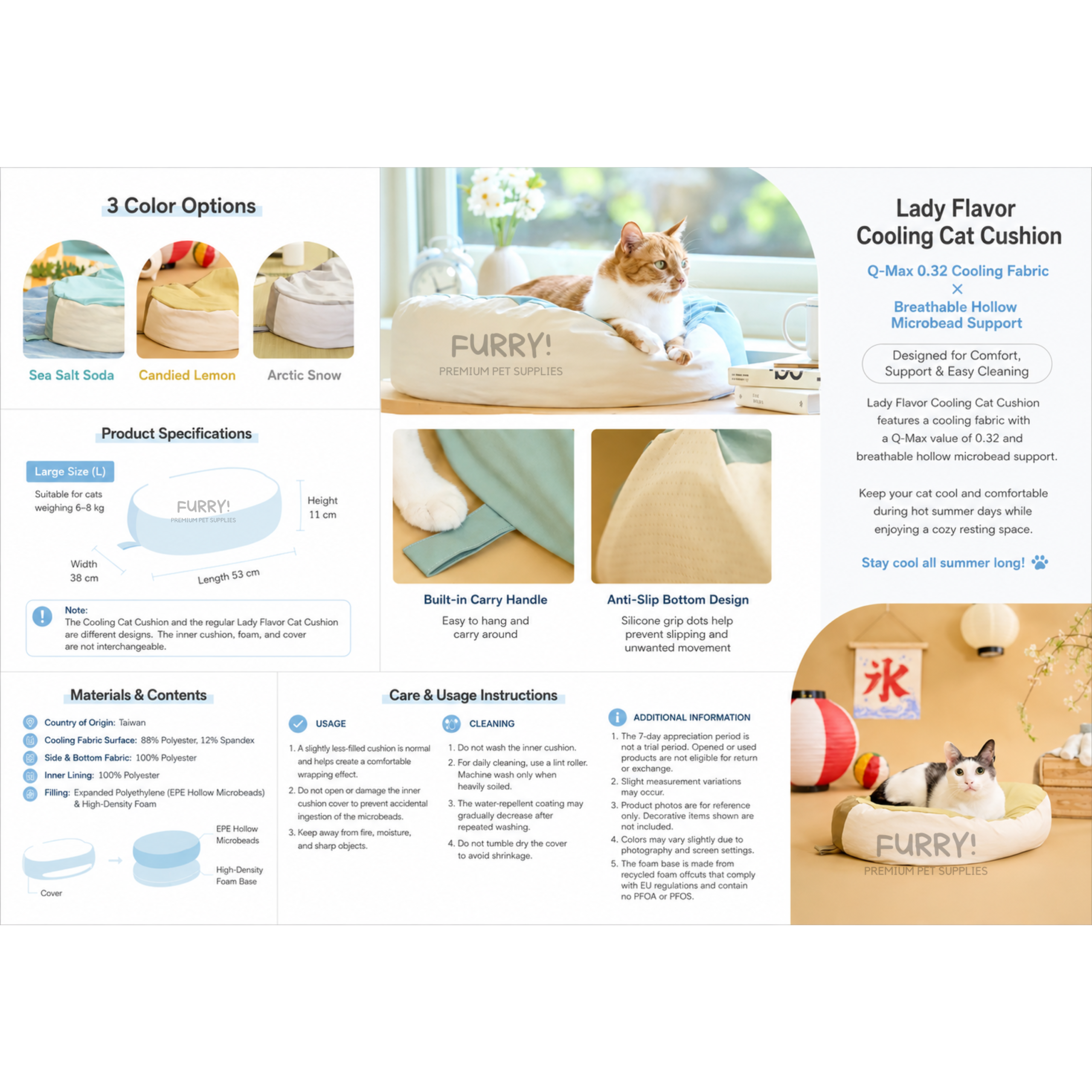 LADY FLAVOR Cooling Cat Cushion | Cooling Bean Bag Bed for Cats